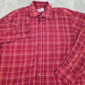 Young USA Button Down Shirt Men L Plaid Long Sleeve Cotton Poly Blend Red Maroon